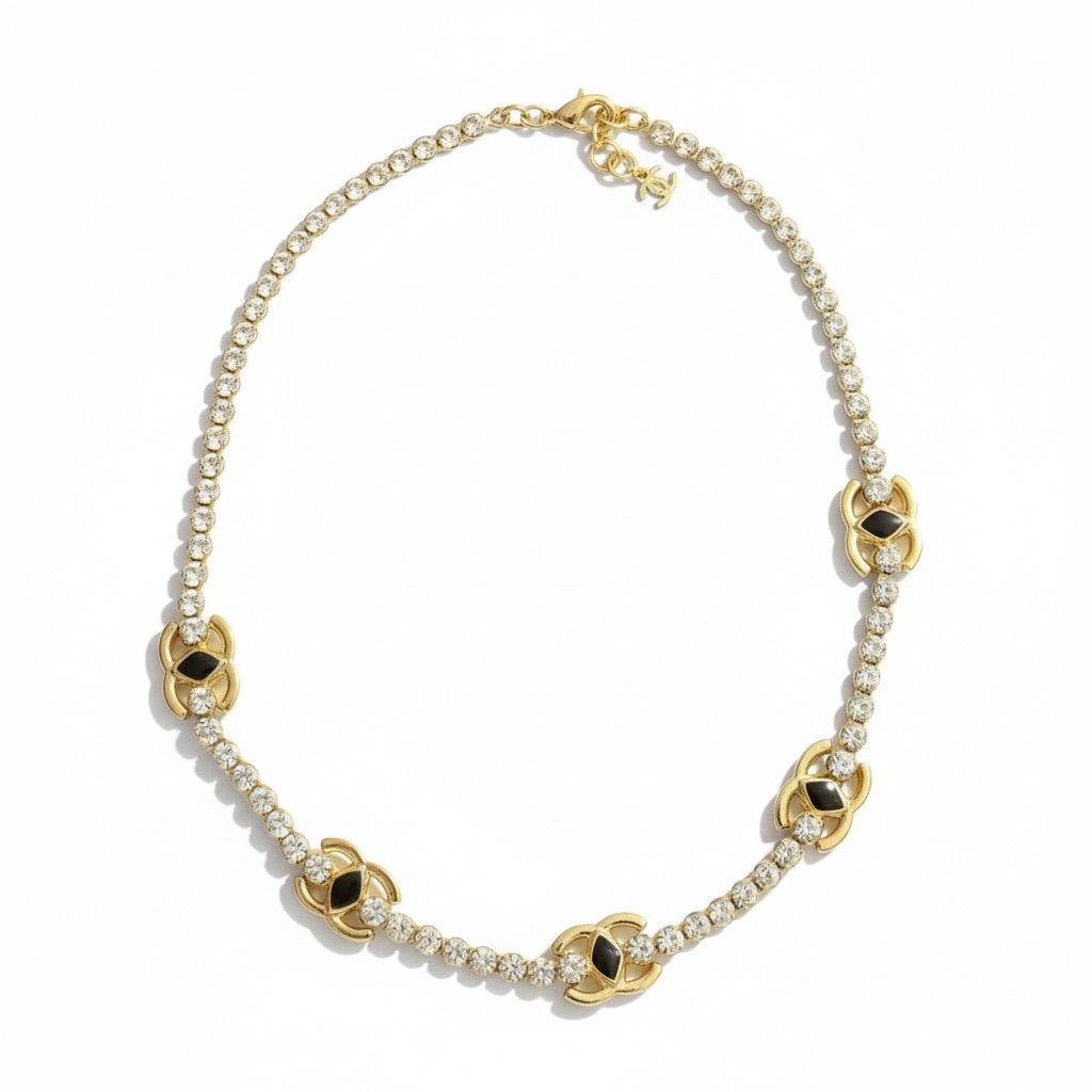 Elegant Gold-Toned Choker Necklace Crystals N Black Stone Stainless Steel New 53$